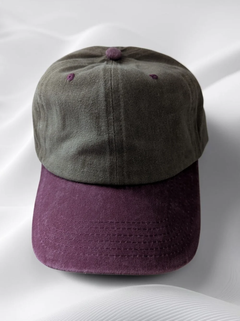 Women's Men's Dyed Washed Two-Tone Olive and Plum Baseball Cap Hat